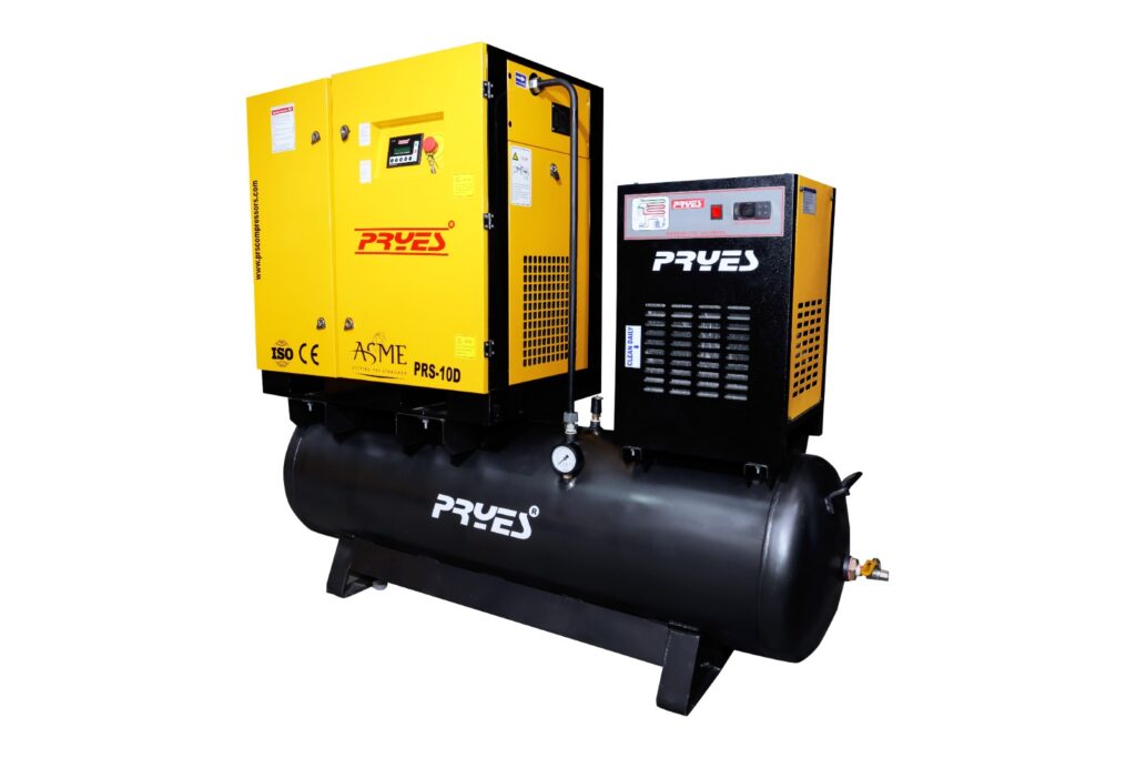 Tank mounted screw air compressor by PRSCompressors with 4KW to 15KW capacity for industrial use