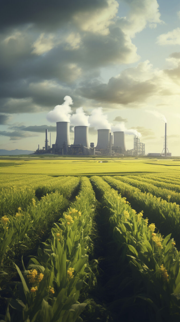 Nuclear power plant with cooling towers emitting steam, showcasing energy generation process
